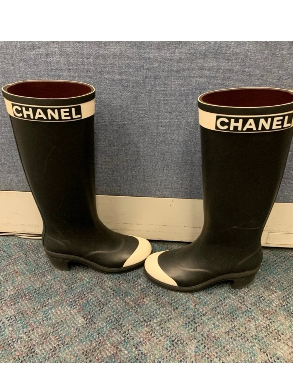 CHANEL Black and Cream Tall Women's Rain Boots